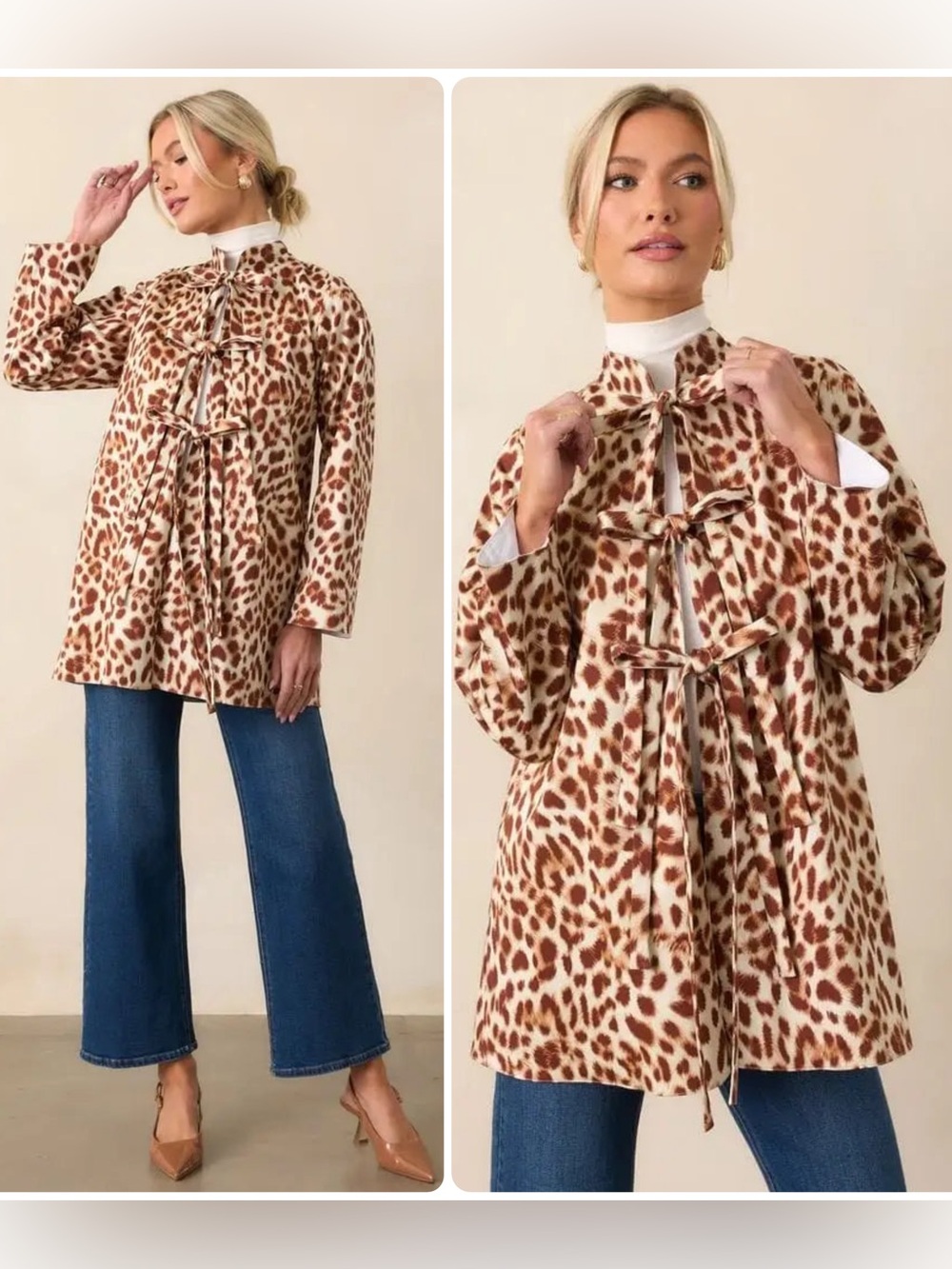 Prosperina Sheridan Brown Leopard Print Cotton Bow Detail Coat Jacket NWT $195